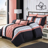 Peach and Black Embroidered Pleated Duvet Set
