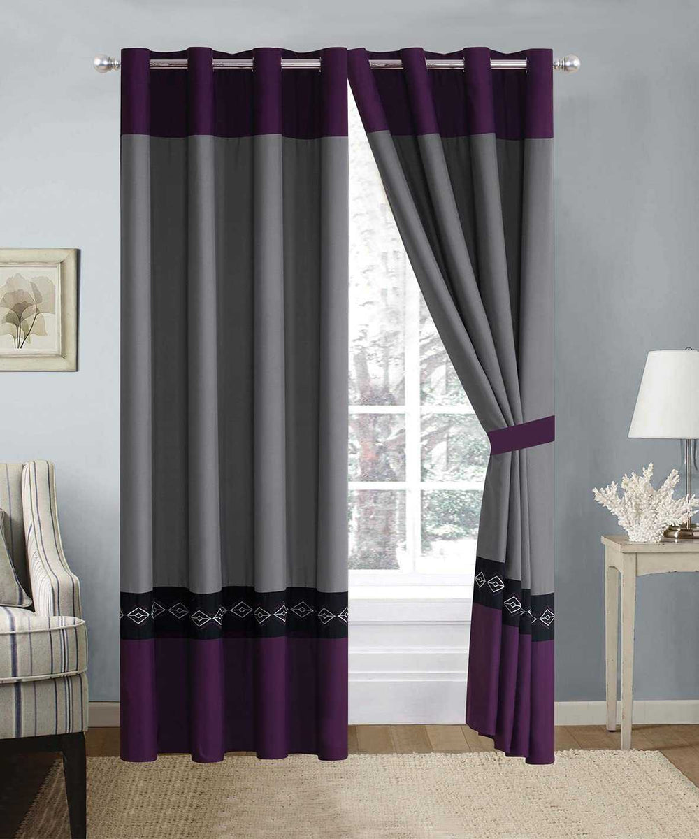 2 Pieces Elegant Embroidered Curtains - Purple & Grey – eposh.pk