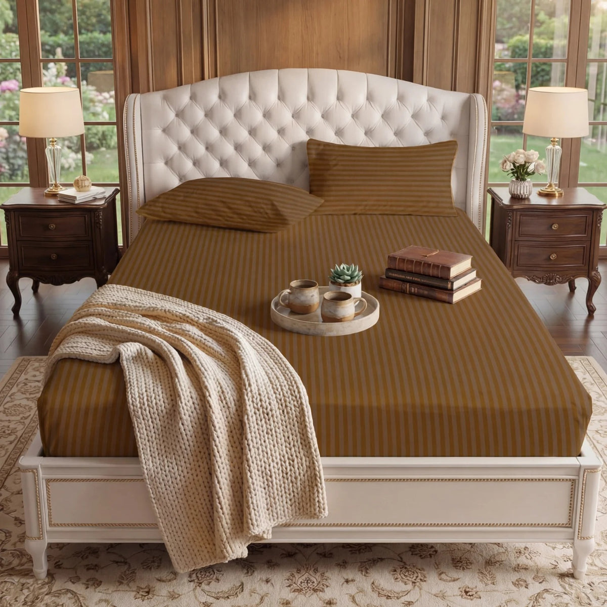 Satin Stripe Fitted Sheet - Medium Brown