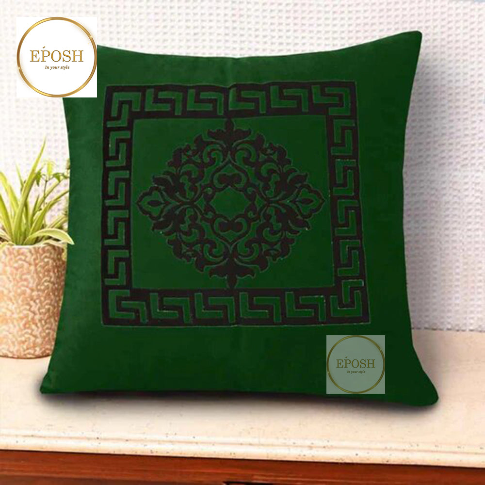 Pack of 2 Embossed Velvet Applique Cushions - Black on Green
