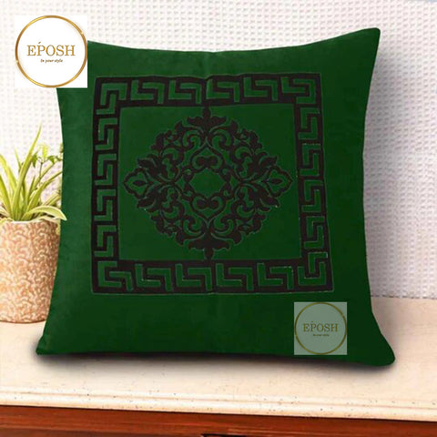 Pack of 2 Embossed Velvet Applique Cushions - Black on Green