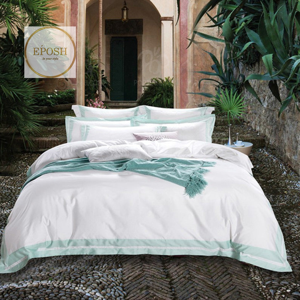 Embellish Patch Cotton Sateen Duvet set - White and Duck Egg