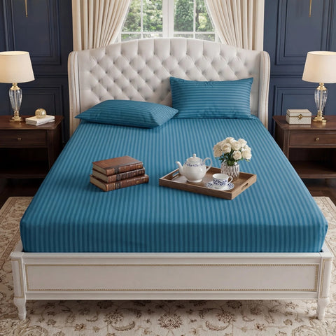 Satin Stripe Fitted Sheet - Teal Blue