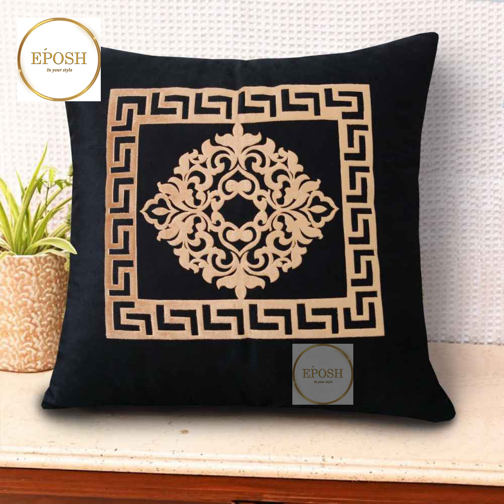 Pack of 2 Embossed Velvet Applique Cushions - Beige on Black