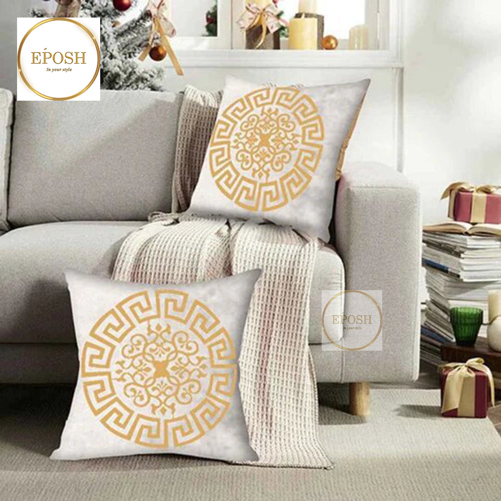 Pack of 2 Embossed Velvet Applique Cushions - Golden on White