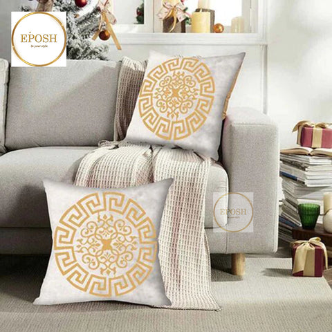 Pack of 2 Embossed Velvet Applique Cushions - Golden on White