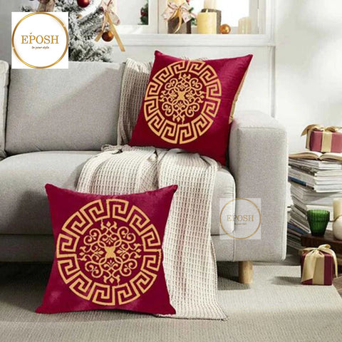 Pack of 2 Embossed Velvet Applique Cushions - Golden on Maroon