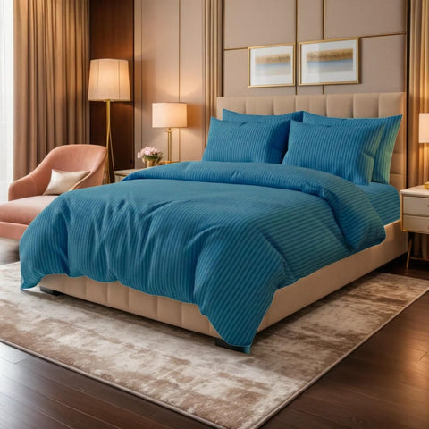 Luxury Satin Stripe Duvet Set - Lake Blue