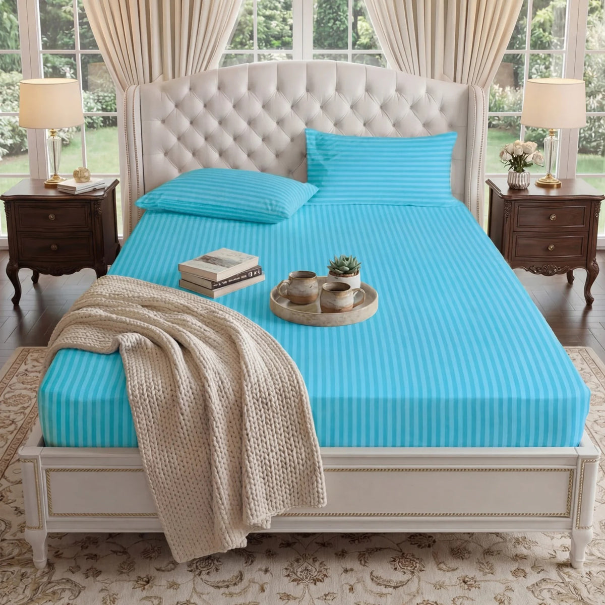 Satin Stripe Fitted Sheet - Turquoise Blue