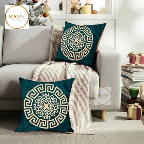 Pack of 2 Embossed Velvet Applique Cushions - Cream on Green