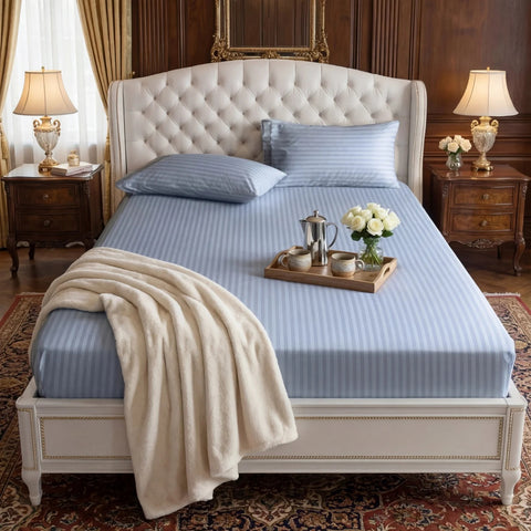 Satin Stripe Fitted Sheet - Ice Blue