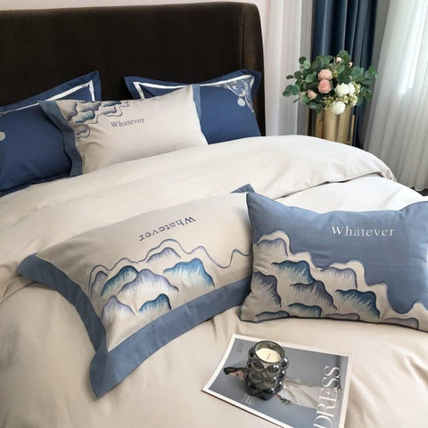 Luxury Embroidered Duvet Set - Almond & Cyan Blue