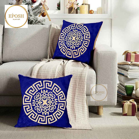 Pack of 2 Embossed Velvet Applique Cushions - White on Royal Blue