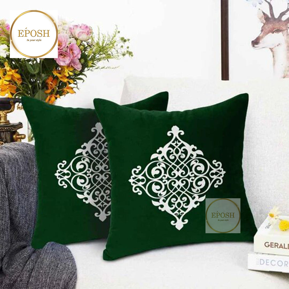 Pack of 2 Embossed Velvet Applique Cushions - White on Green