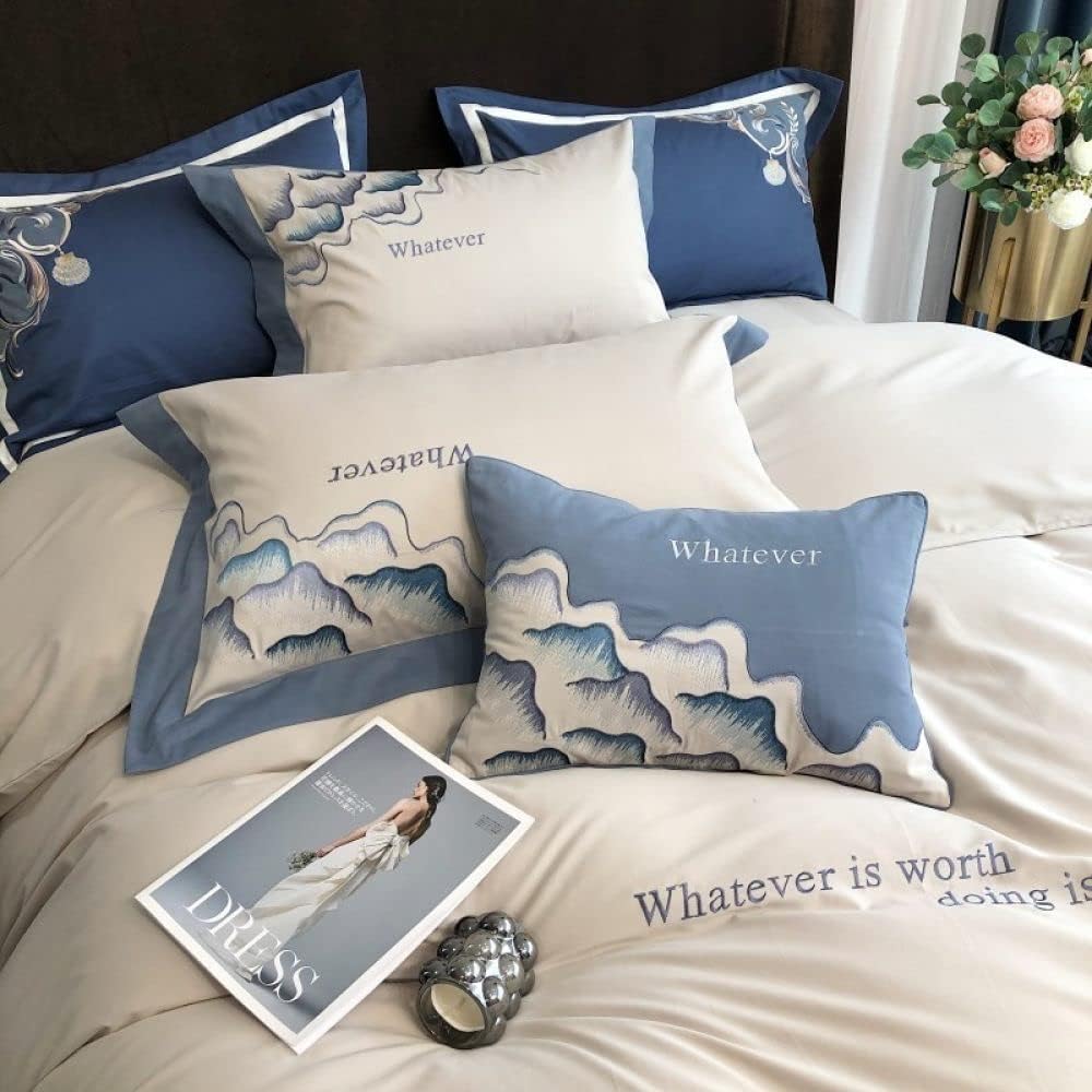 Luxury Embroidered Duvet Set - Almond & Cyan Blue