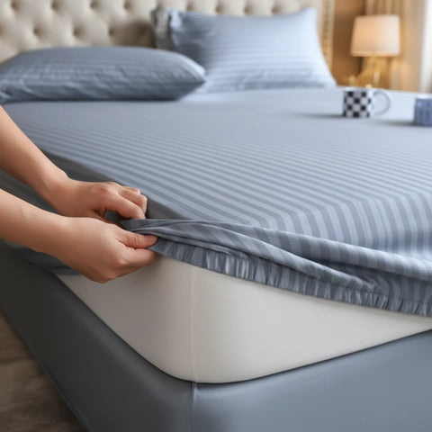 Satin Stripe Fitted Sheet - Ice Blue