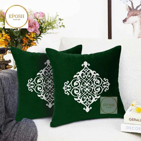 Pack of 2 Embossed Velvet Applique Cushions - White on Green