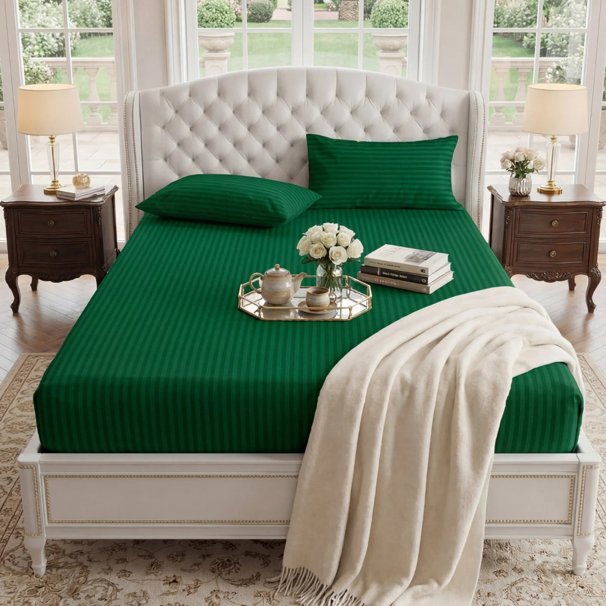 Satin Stripe Fitted Sheet - Green