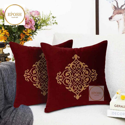 Pack of 2 Embossed Velvet Applique Cushions - Mustard on Maroon