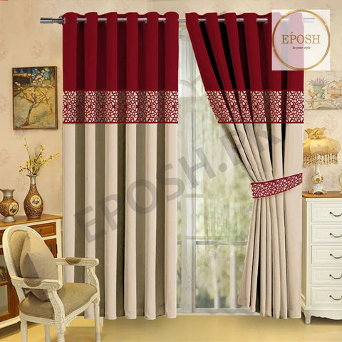 2 Pieces Premium splendid velvet curtain & 2 Belts (Cream/Maroon)