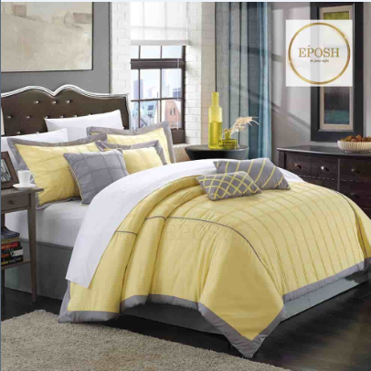 Grey and Yellow Embellish Box Pleats Duvet Set