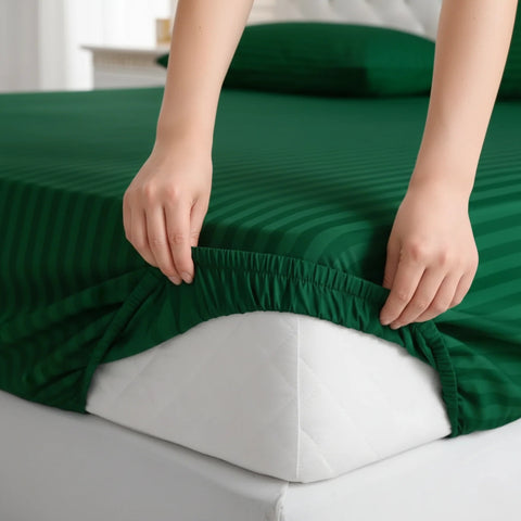 Satin Stripe Fitted Sheet - Green