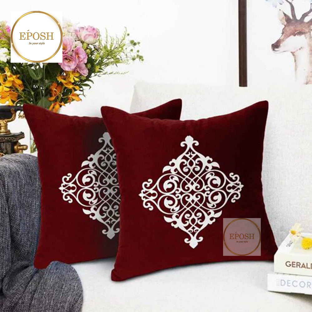 Pack of 2 Embossed Velvet Applique Cushions - White on Maroon