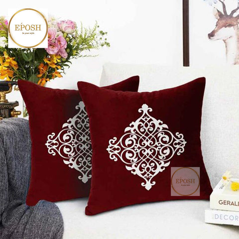Pack of 2 Embossed Velvet Applique Cushions - White on Maroon