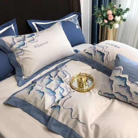 Luxury Embroidered Duvet Set - Almond & Cyan Blue