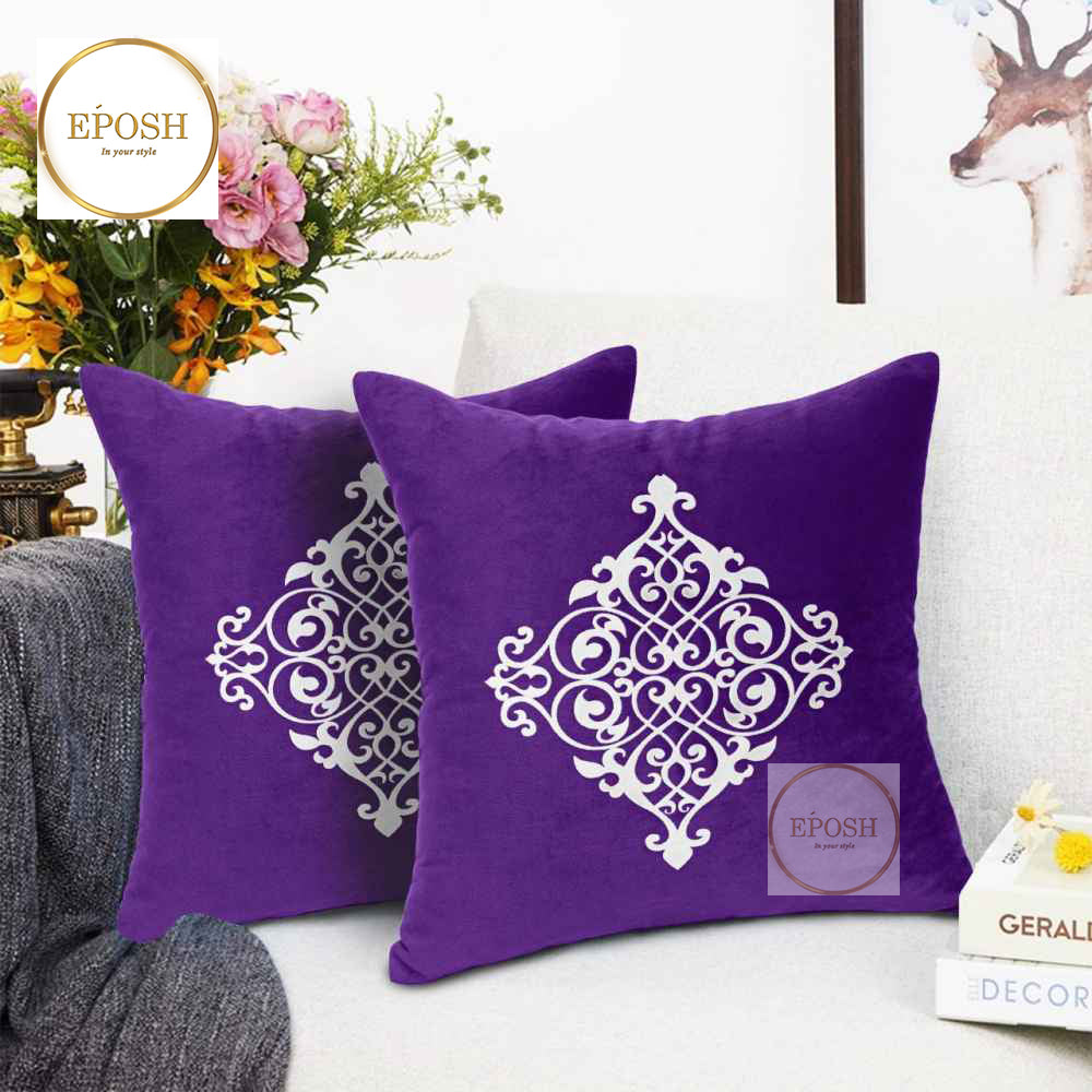 Pack of 2 Embossed Velvet Applique Cushions - White on Violet Purple