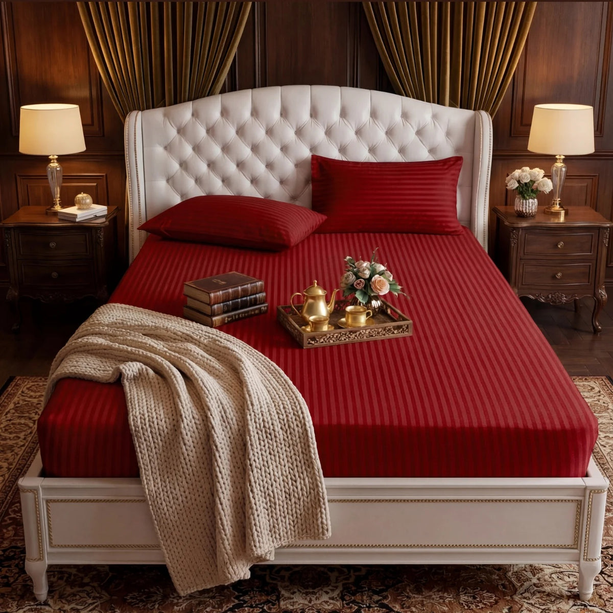 Satin Stripe Fitted Sheet - Red