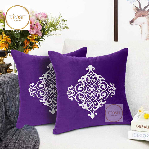 Pack of 2 Embossed Velvet Applique Cushions - White on Violet Purple