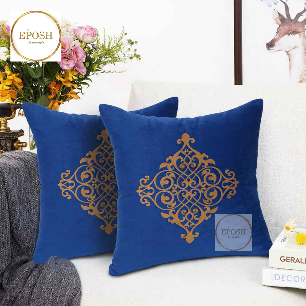 Pack of 2 Embossed Velvet Applique Cushions - Mustard on Royal Blue
