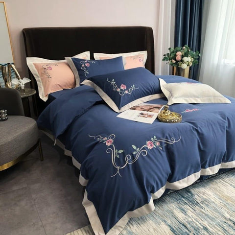 Luxury Embroidered Duvet Set - Blue & Peach