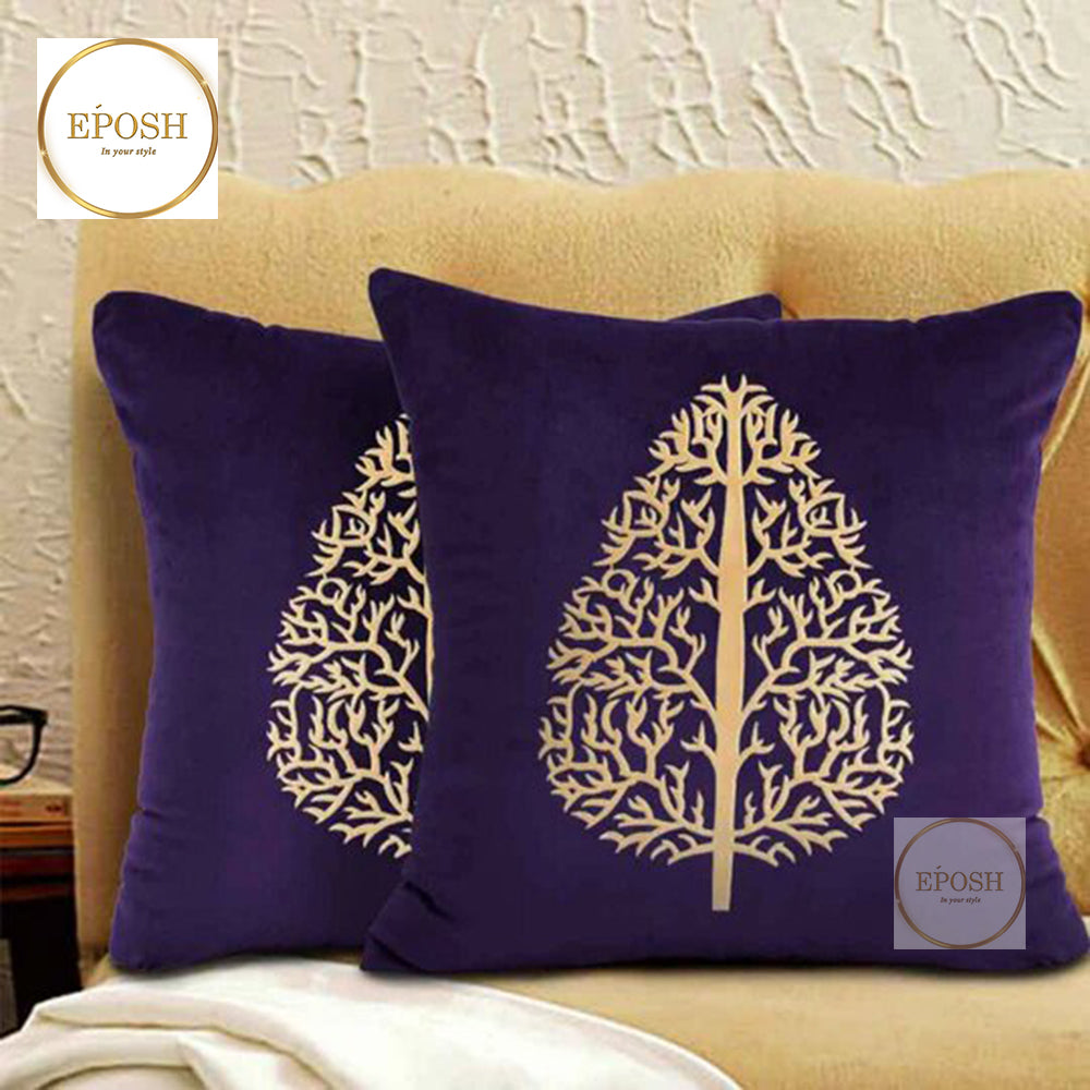 Pack of 2 Embossed Velvet Applique Cushions - Beige on Midnight Purple