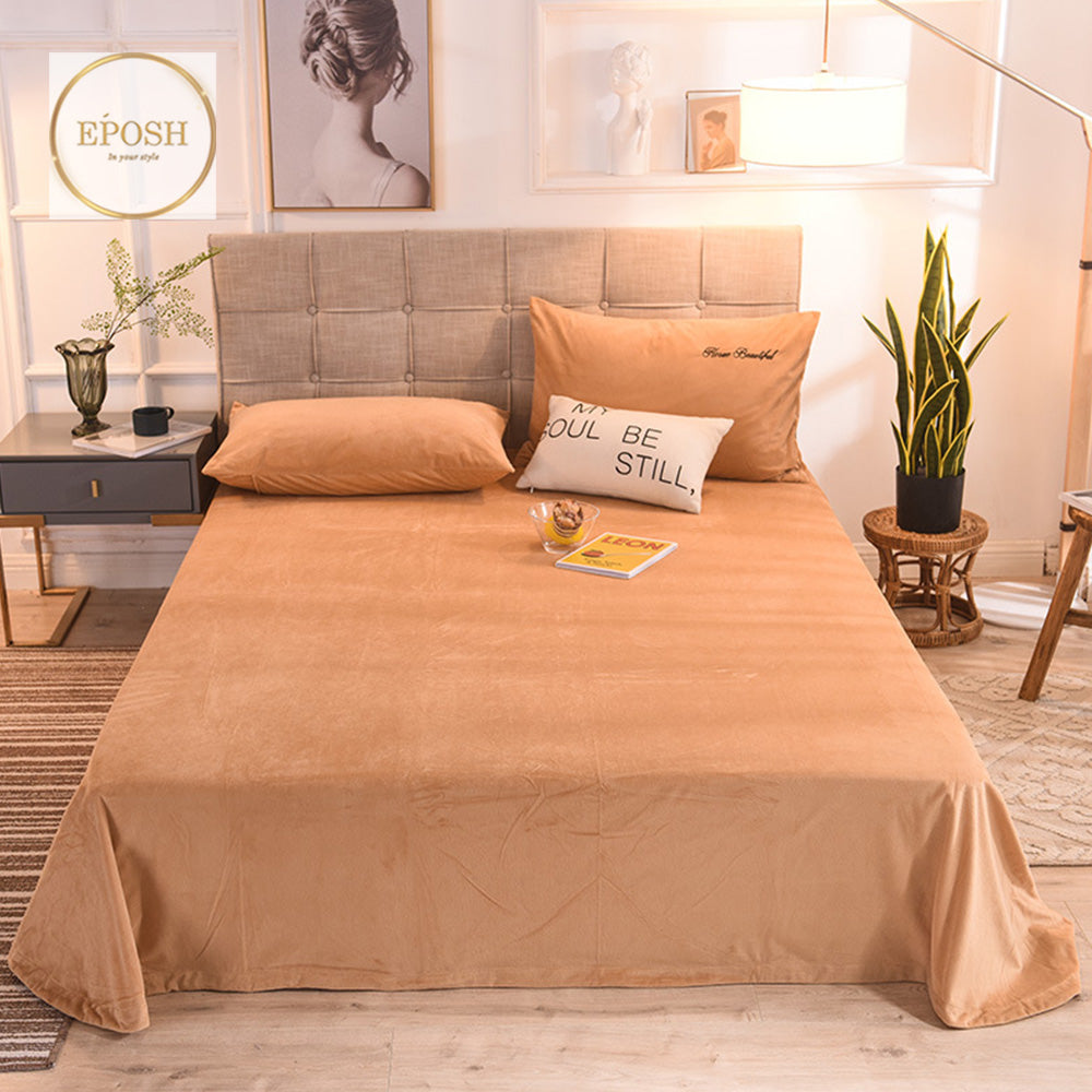 Velvet Bedsheet with 2  pillow covers - Khaki