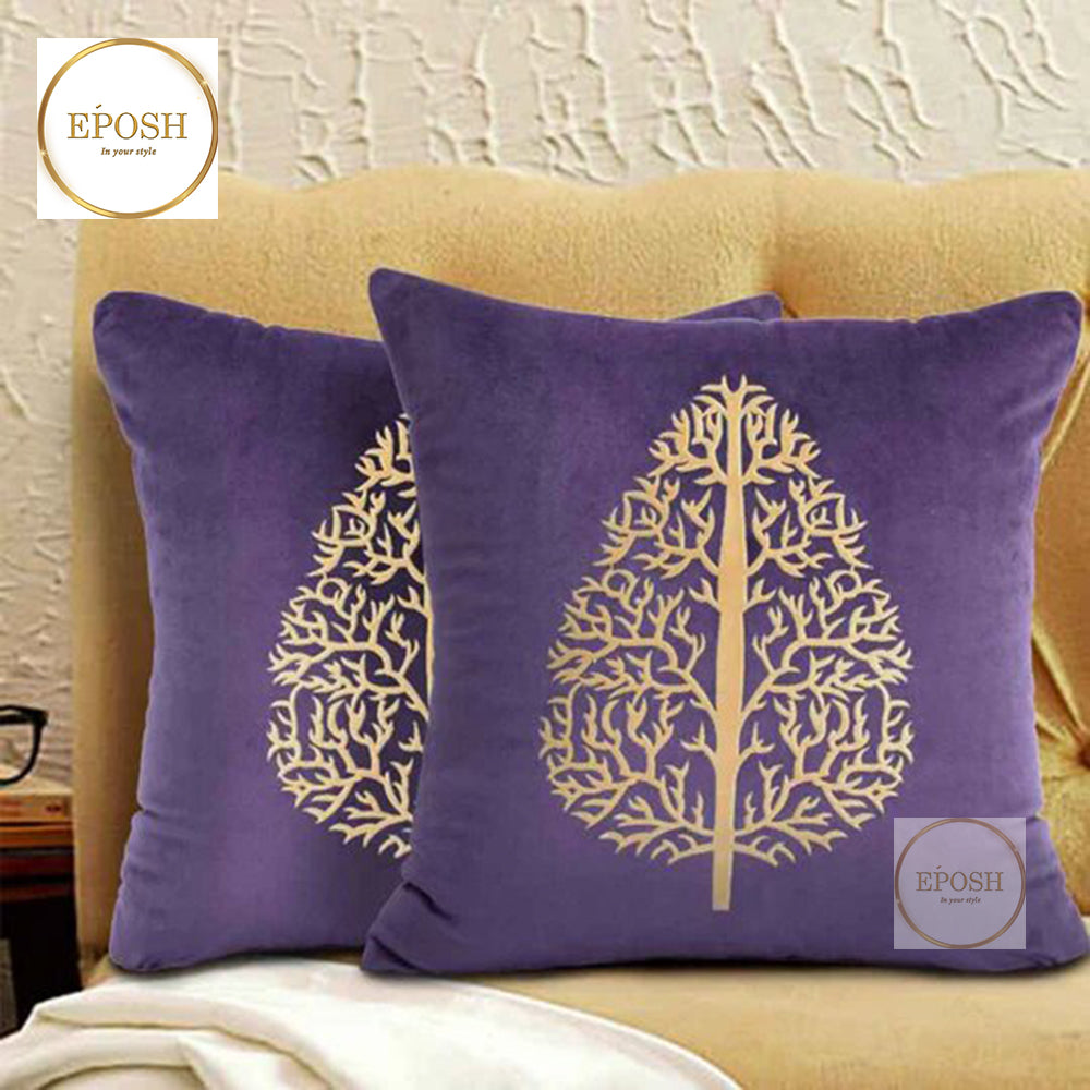 Pack of 2 Embossed Velvet Applique Cushions - Beige on Violet