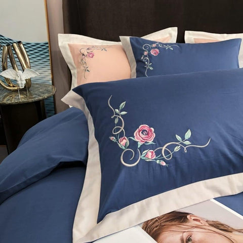 Luxury Embroidered Duvet Set - Blue & Peach