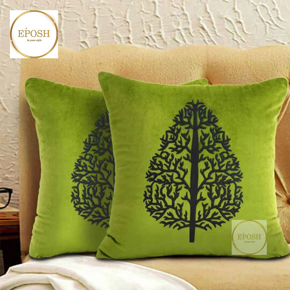 Pack of 2 Embossed Velvet Applique Cushions - Black on Green