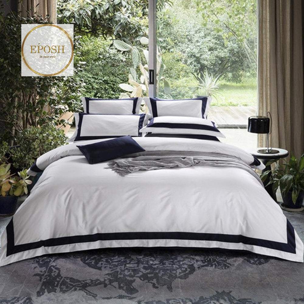 Embellish Patch Cotton Sateen Duvet set - White and  Dark Blue