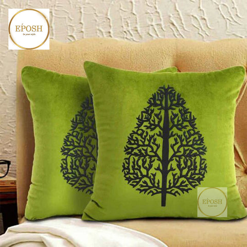 Pack of 2 Embossed Velvet Applique Cushions - Black on Green
