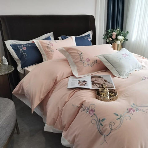 Luxury Embroidered Duvet Set - Vanilla & Blue
