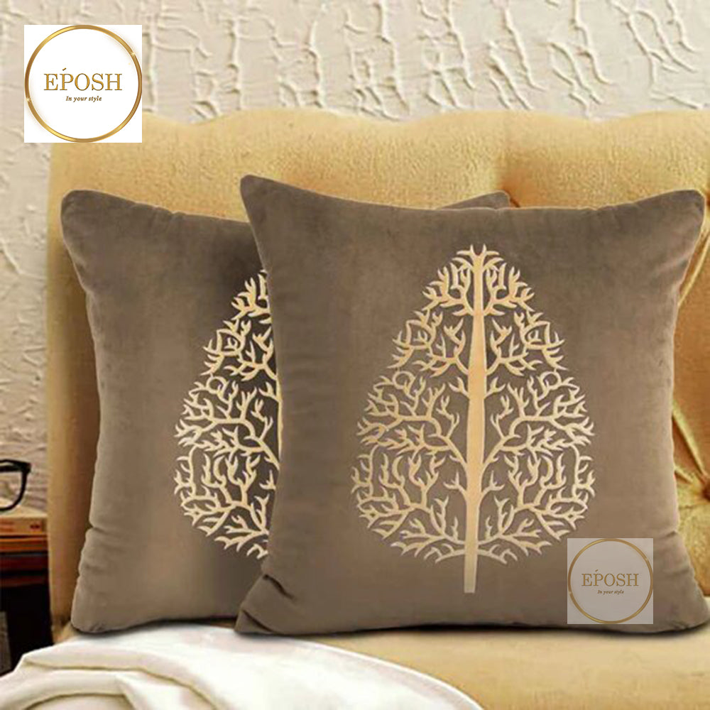 Pack of 2 Embossed Velvet Applique Cushions - Beige on Peanut Brown