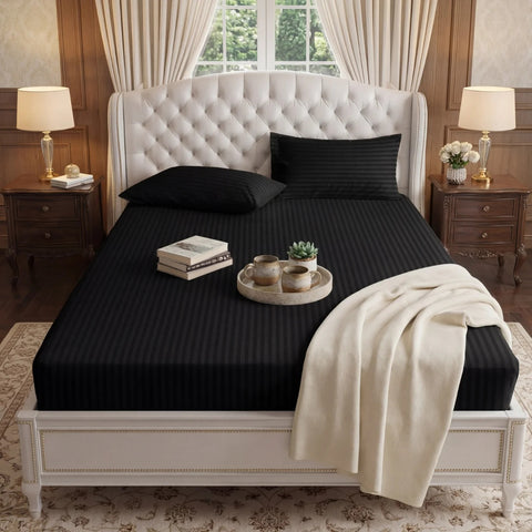 Satin Stripe Fitted Sheet - Black