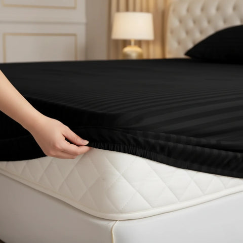 Satin Stripe Fitted Sheet - Black
