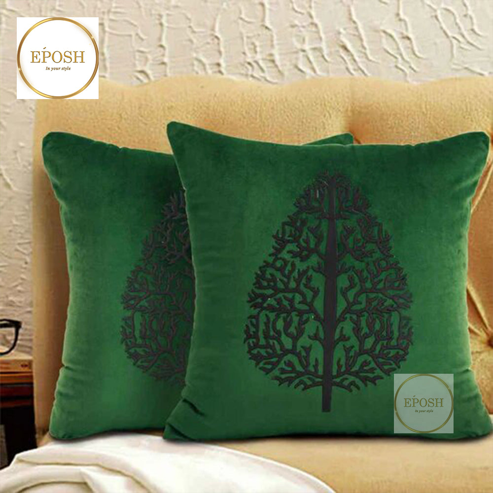 Pack of 2 Embossed Velvet Applique Cushions - Black on Green