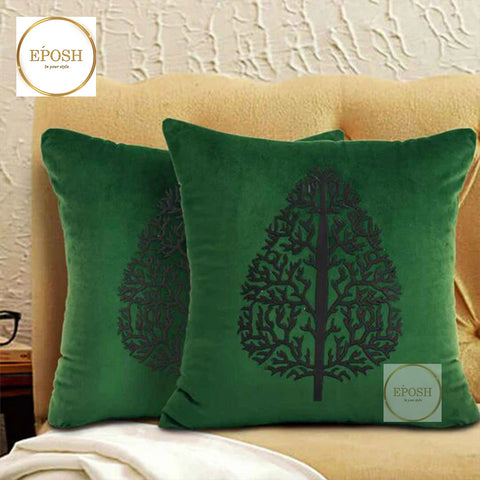 Pack of 2 Embossed Velvet Applique Cushions - Black on Green