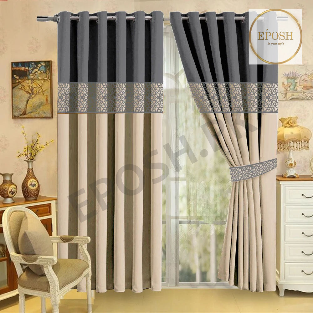 2 Pieces Premium splendid velvet curtain & 2 Belts (Cream/Grey)