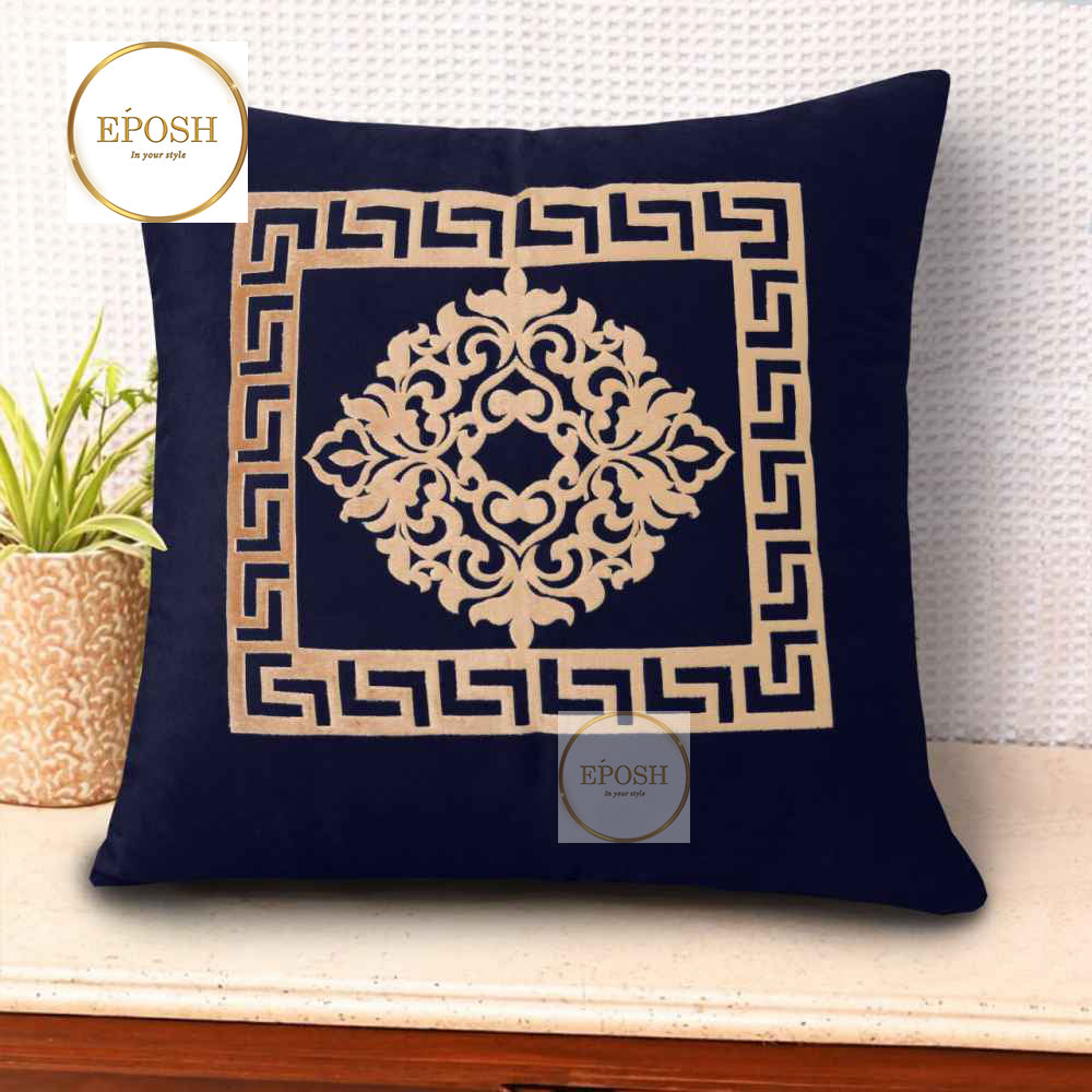 Pack of 2 Emboss Velvet Cushion -Beige on Navy Blue