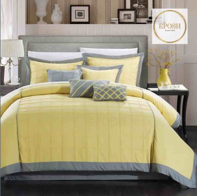 Grey and Yellow Embellish Box Pleats Duvet Set